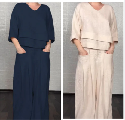 Liza - Ensemble en coton et toile 2 pièces - Haut à col en V et pantalon à jambes larges