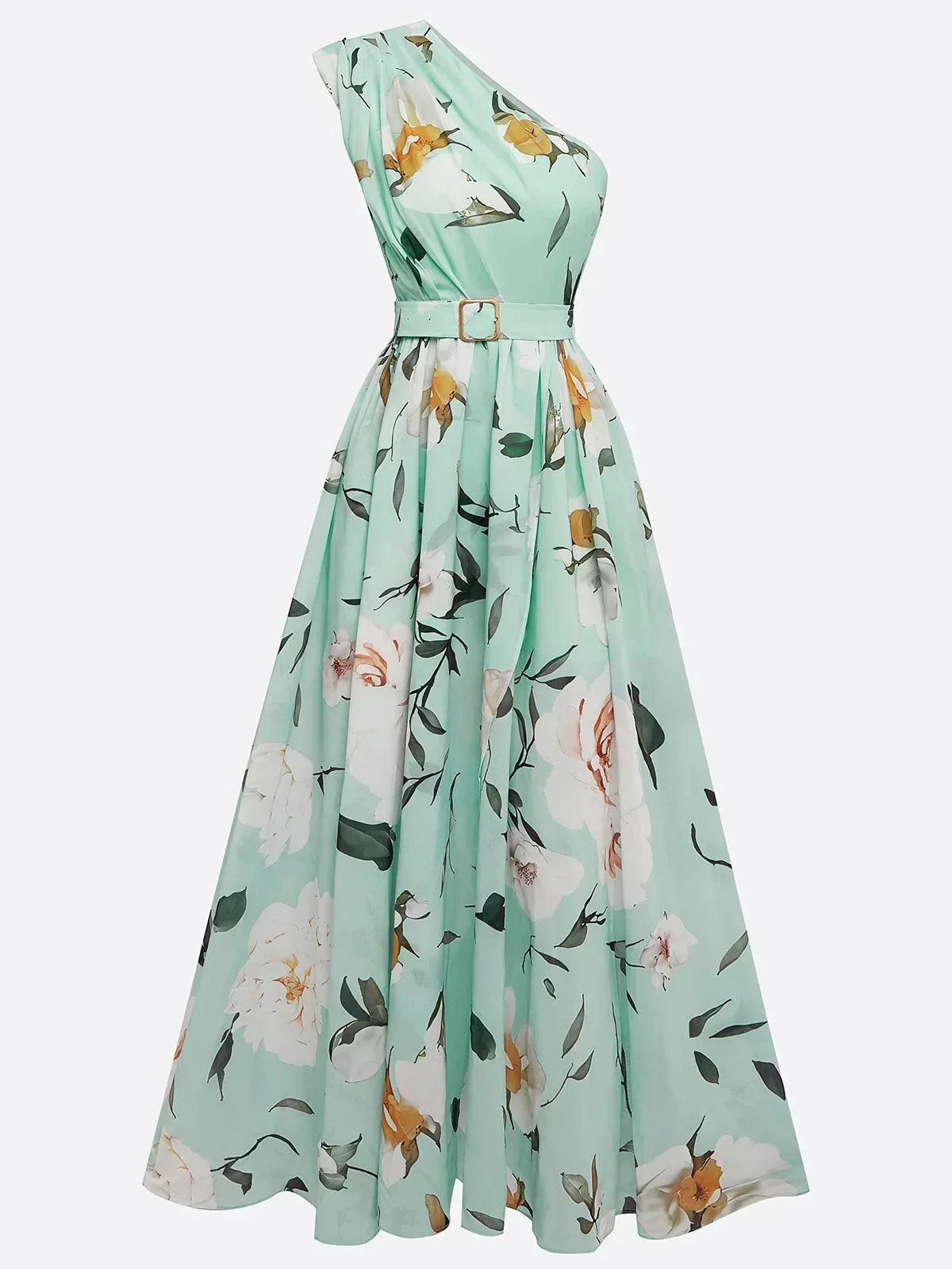 Julie | Robe Maxi Chiffon Fleurie à Une Épaule Vert Clair
