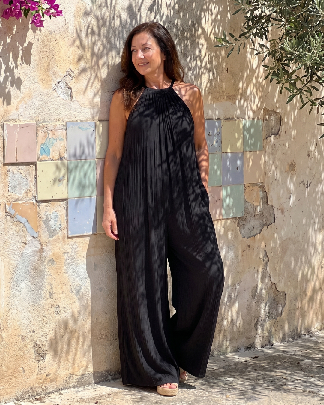 Sylvara | Combinaison Relaxed à Encolure Halter Plissée et Jambes Larges