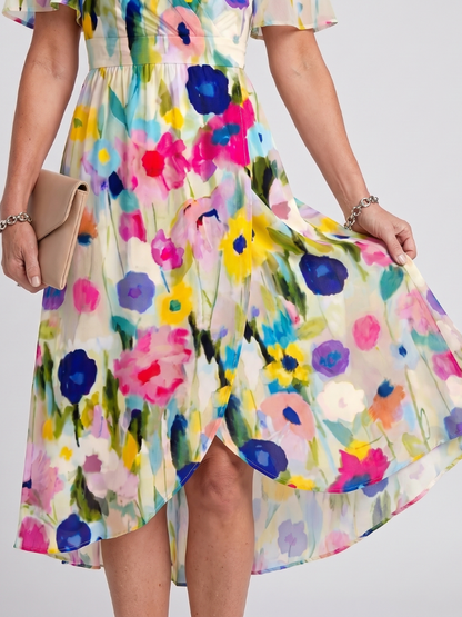 Mirabel | Robe midi à manches volantes et taille froncée avec imprimé floral