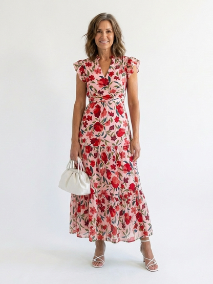 Lila | Robe midi à volants et décolleté en V fleuri