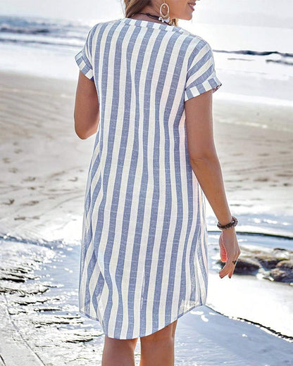 JULISSA™ – Elegant Striped Button Midi Dress
