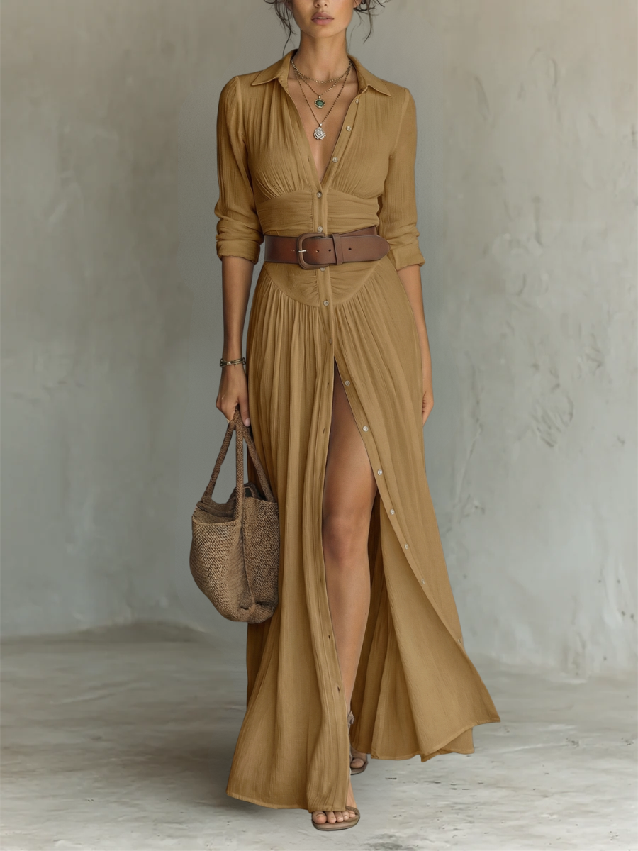 Robe Maxi en Lin à Col Revers à Manches Longues