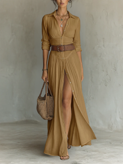 Robe Maxi en Lin à Col Revers à Manches Longues