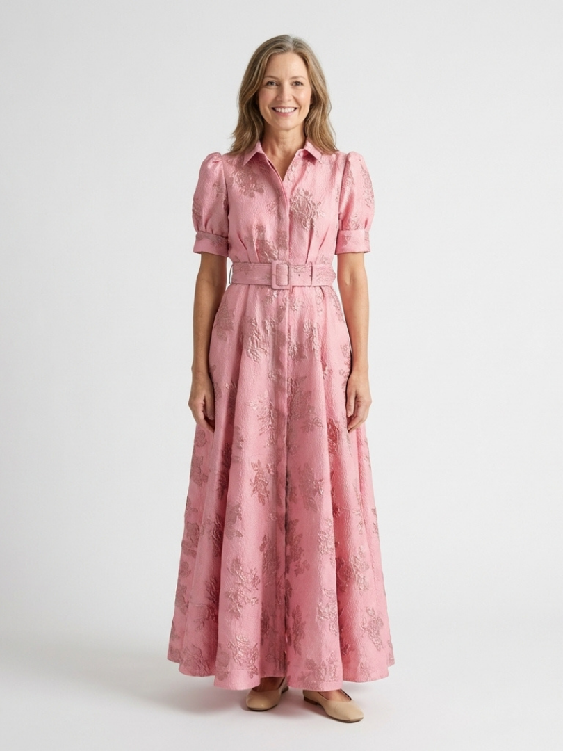 Xanthea | Robe maxi chemise à manches courtes et ceinture florale texturée