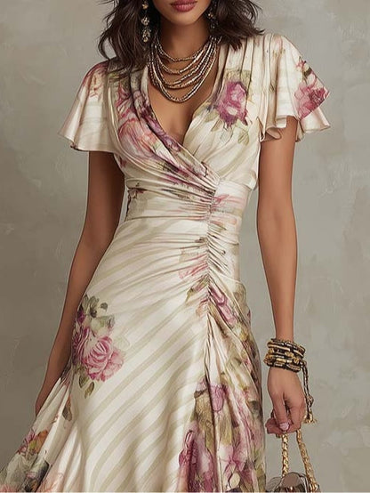Margaret | Robe Midi Satin Floral Vintage