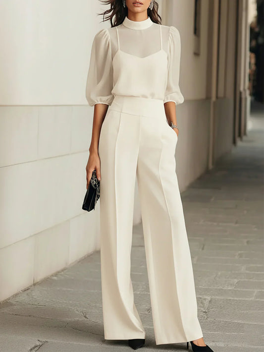 Ensemble de trois pièces : débardeur noir transparent et pantalon à jambes larges