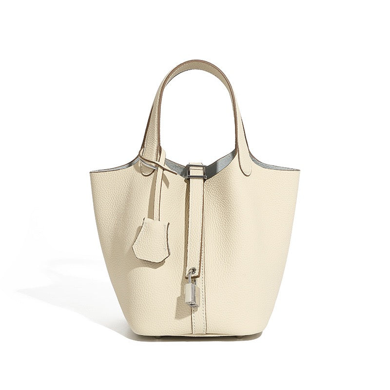 Women's Genuine Leather Silver Buckle Basket Bag