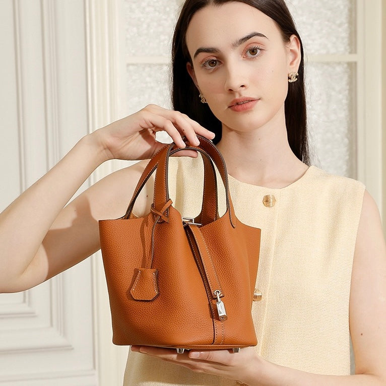 Women's Genuine Leather Silver Buckle Basket Bag