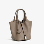 Women's Genuine Leather Silver Buckle Basket Bag