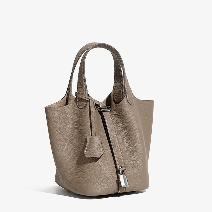 Women's Genuine Leather Silver Buckle Basket Bag