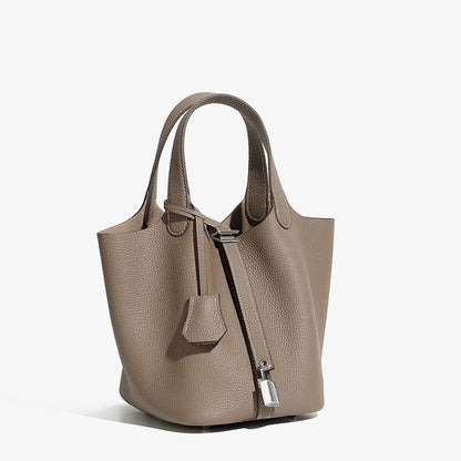 Women's Genuine Leather Silver Buckle Basket Bag