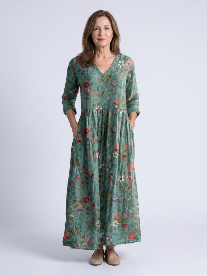 Marina | Robe Maxi à Manches Trois Quarts et Col V Floral