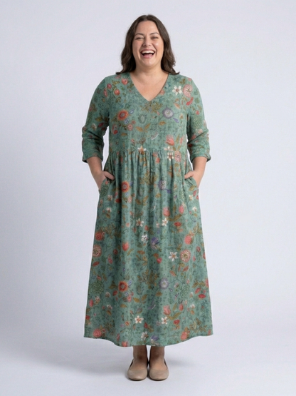 Marina | Robe Maxi à Manches Trois Quarts et Col V Floral