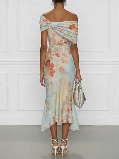 Vittoria - Robe Midi Sirène Sans Manches avec Épaules Dénudées et Motif Floral Bleu