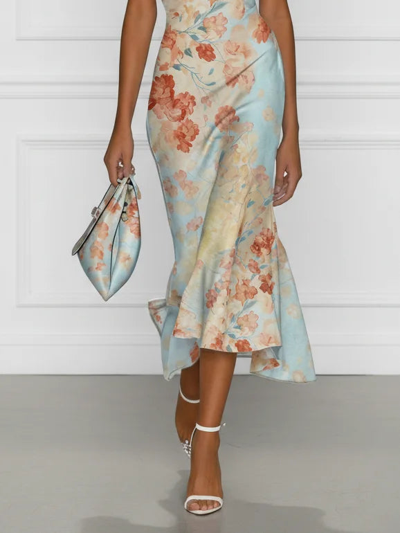 Vittoria - Robe Midi Sirène Sans Manches avec Épaules Dénudées et Motif Floral Bleu