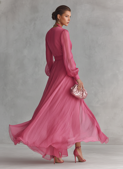 Robe longue en chiffon rose élégant avec perles et décolleté en V pour femmes