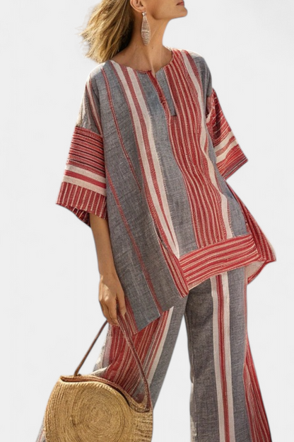 Bravine | Haut en lin élégant corail-gris et pantalon à jambes larges