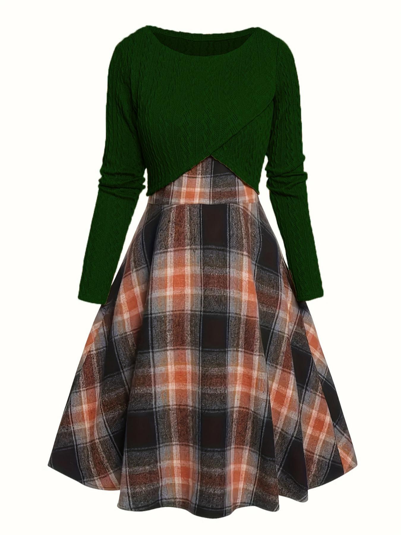 JORY™ - Vintage Round Neck Long Sleeve Crop Top and Plaid Dress