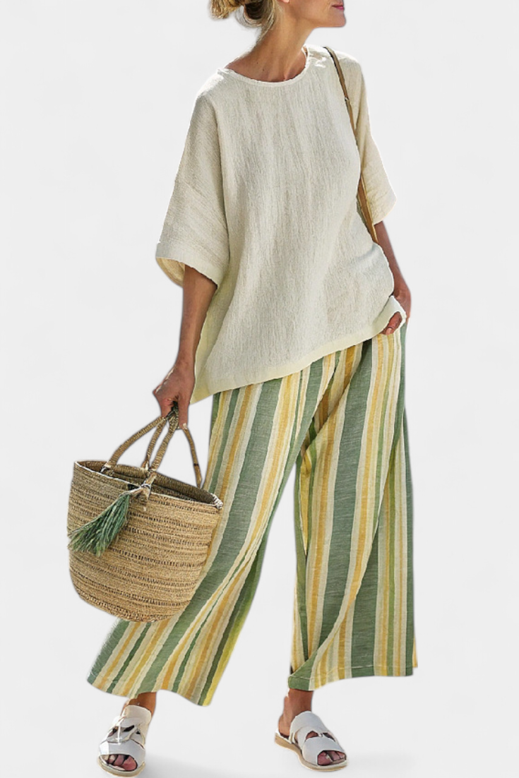 Ellowyn | Haut Sophistiqué & Pantalons en Lin Rayés
