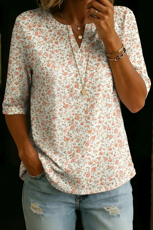 Haut Henley en Coton à Manches Mi-Longues avec Imprimé Floral Vintage pour Femmes