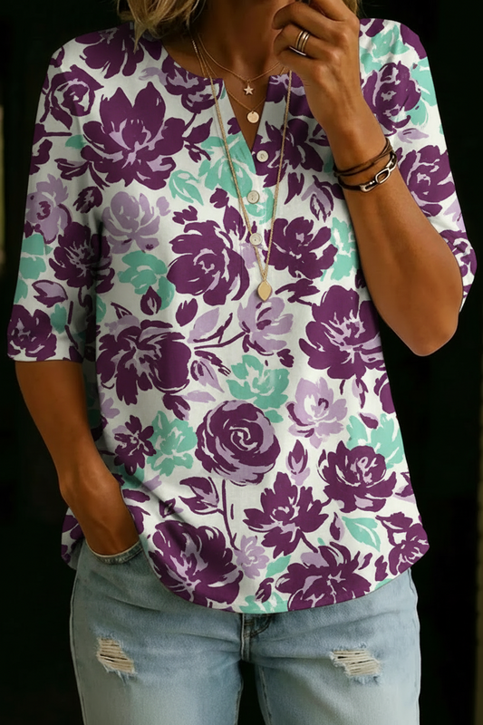 Haut en coton à manches demi-longues avec imprimé floral violet pour femmes