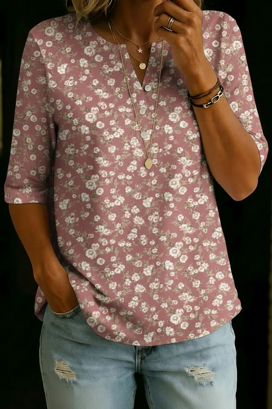 Top en coton à manches demi-longues avec imprimé floral rose poussiéreux pour femmes
