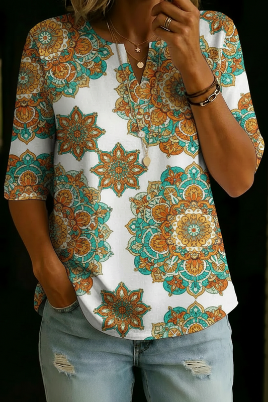Haut en coton à manches courtes Henley avec imprimé floral mandala teal orange pour femmes