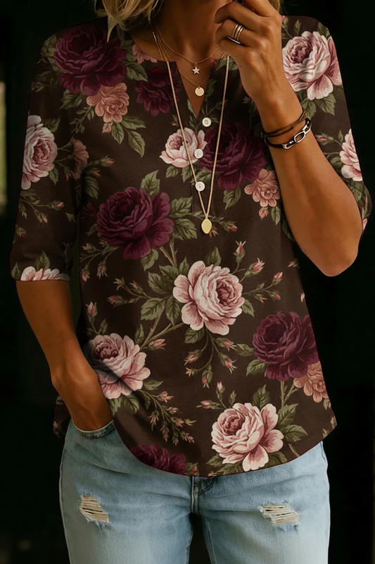 Haut Henley en Mélange de Coton à Imprimé Floral Rose Marron pour Femmes à Manches Mi-Longues