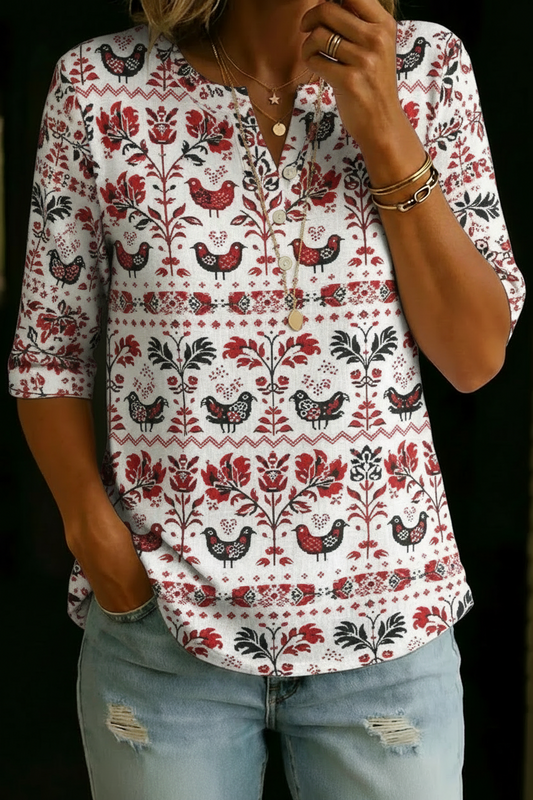 Haut Henley en Mélange de Coton avec Imprimé Oiseau Folk Rouge pour Femmes