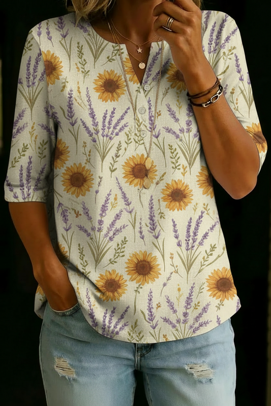 Haut Henley à manches mi-longues en mélange de coton imprimé de tournesols et de lavande pour femmes