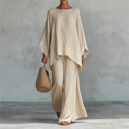 Lovina | Long Leg Wide-Leg Linen Pant Set with Long Sleeves