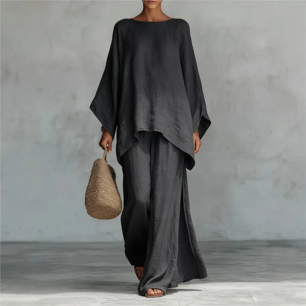 Lovina | Long Leg Wide-Leg Linen Pant Set with Long Sleeves