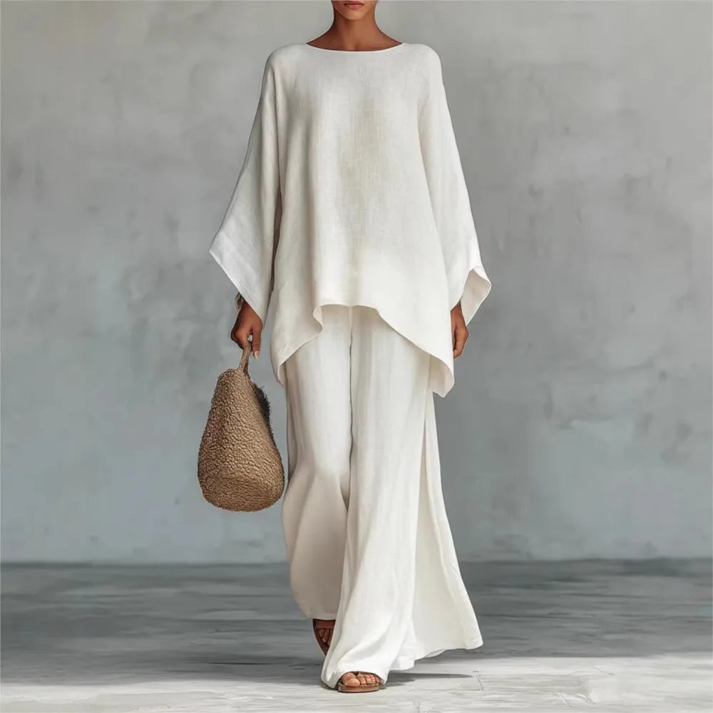Lovina | Ensemble de pantalons larges à jambes longues en lin avec manches longues