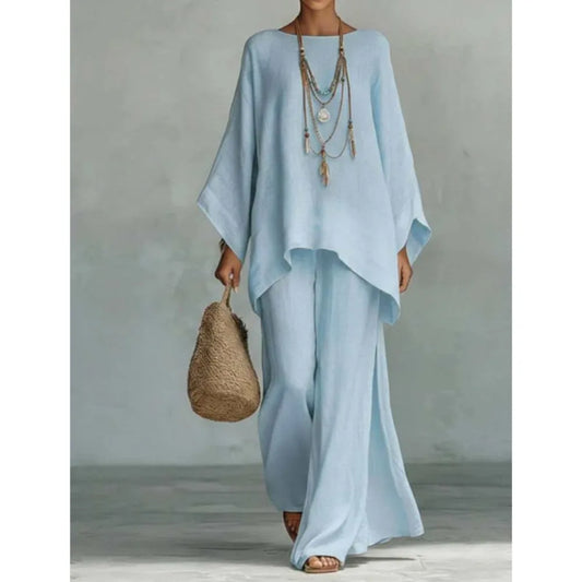 Lovina | Long Leg Wide-Leg Linen Pant Set with Long Sleeves