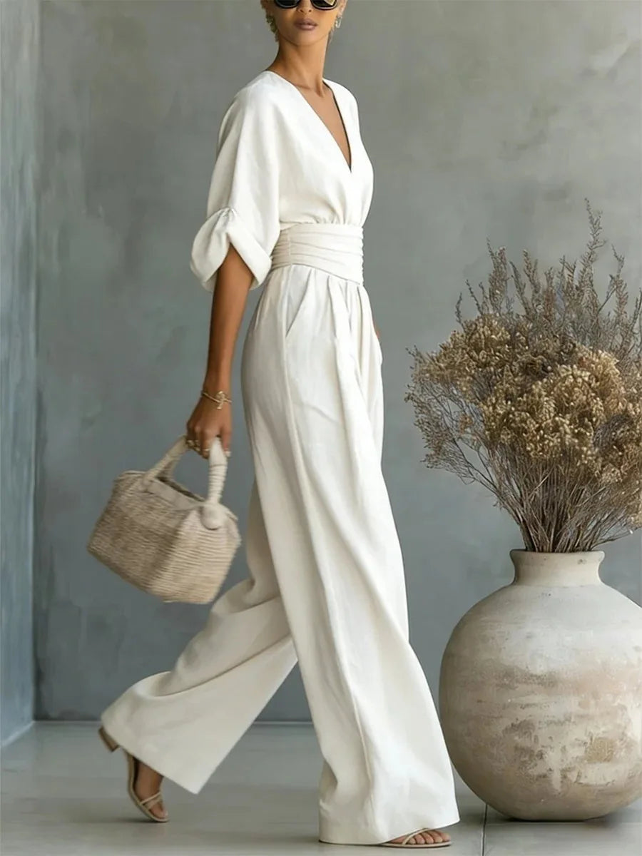 Viana | Elegant High-Waisted Pants with V-Neck and Wide Leg