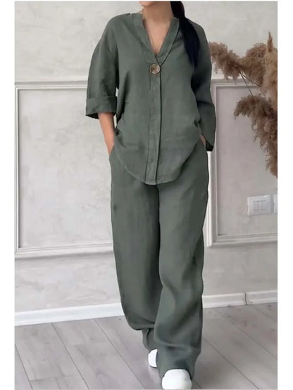 Mariana | Casual V-Neck Top and Wide Leg Pants Set