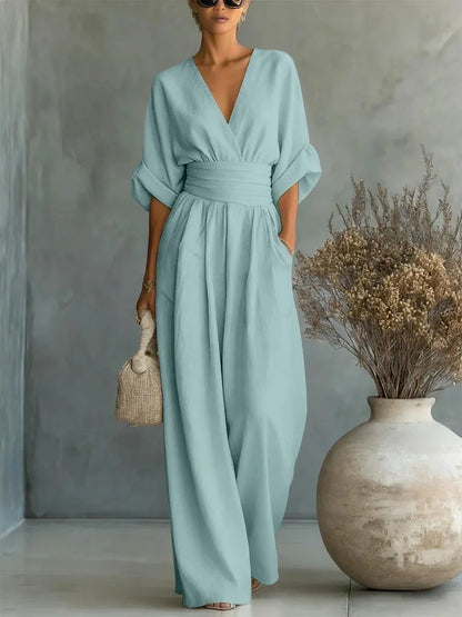Viana | Elegant High-Waisted Pants with V-Neck and Wide Leg