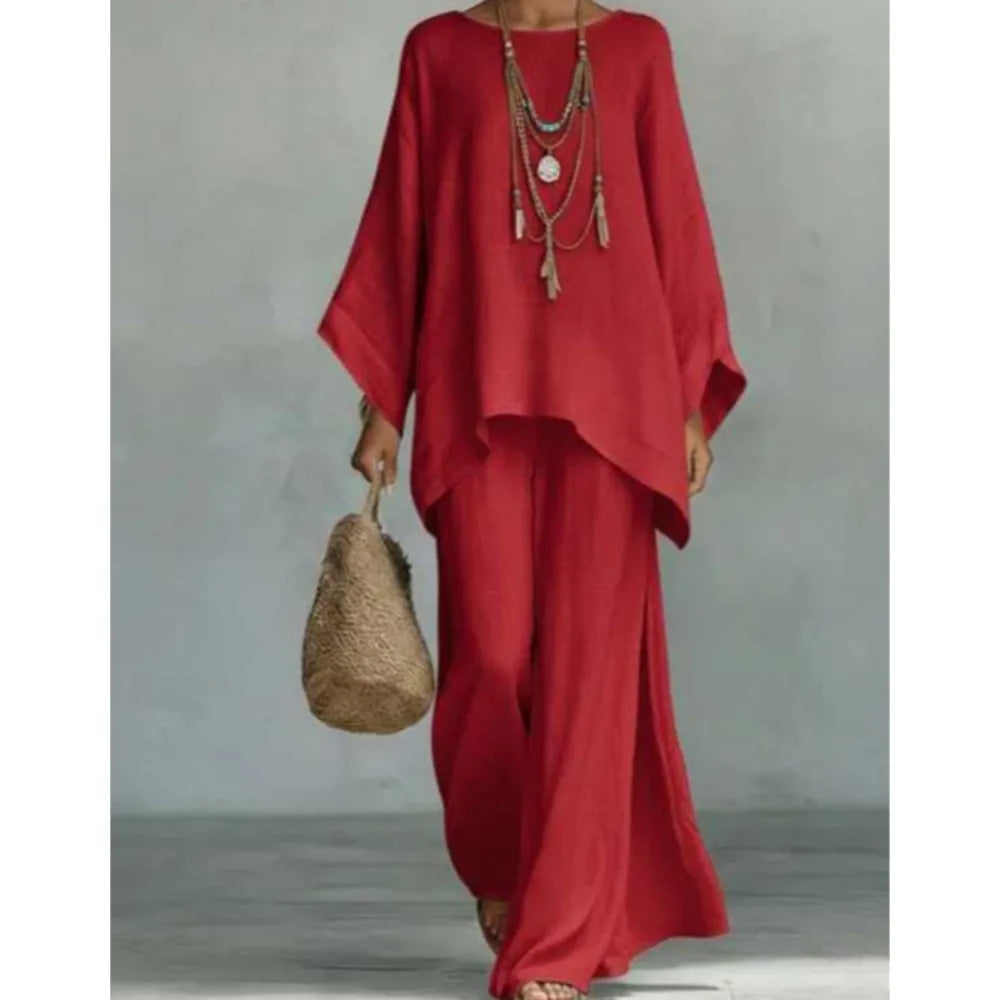 Lovina | Long Leg Wide-Leg Linen Pant Set with Long Sleeves