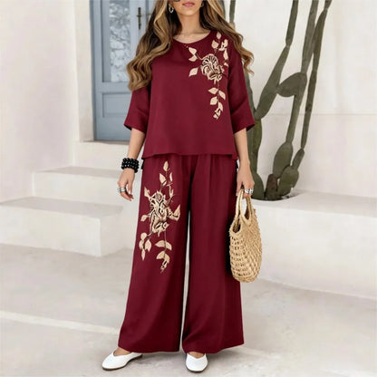Felena | Ensemble de Pantalons Élégants à Jambe Large Brodés Rétro