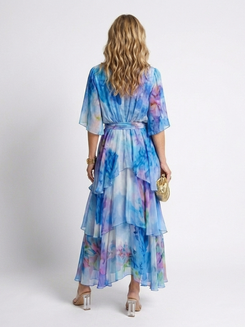 Calista | Robe Maxi V Neck à Taille Liée et Superposée