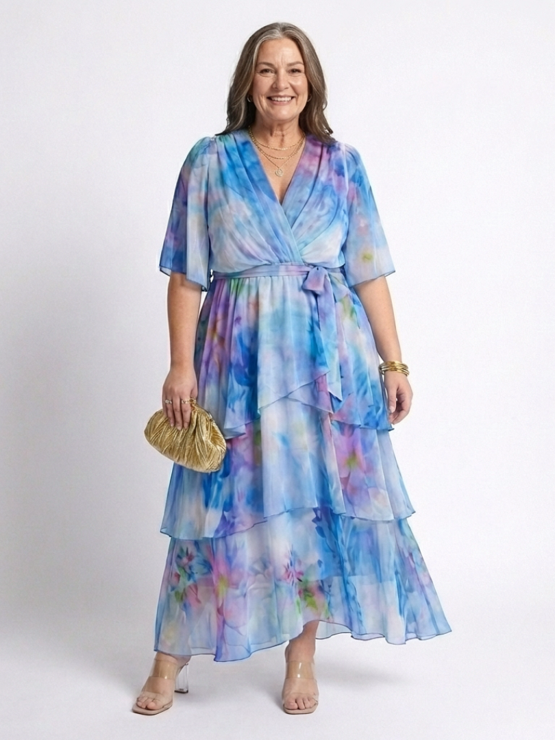 Calista | Robe Maxi V Neck à Taille Liée et Superposée
