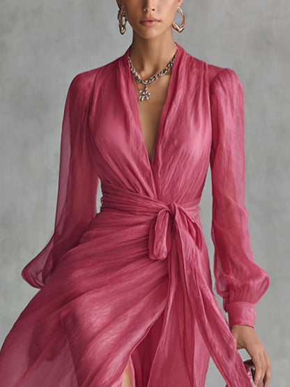 Beatrice | Robe Longue Élegante en Chiffon à Décolleté en V et Ceinture à Nouer