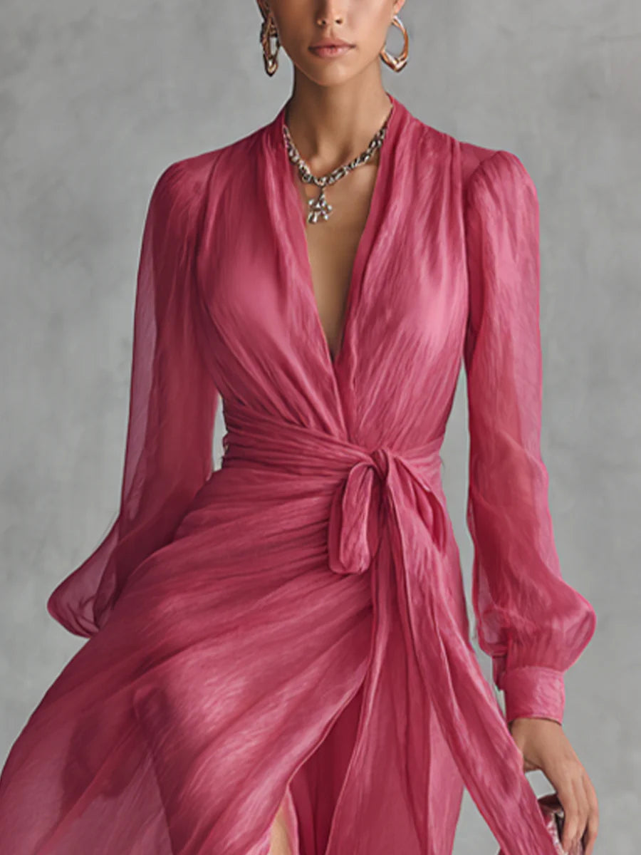Beatrice | Robe Longue Élégante en Chiffon à Décolleté en V et Ceinture