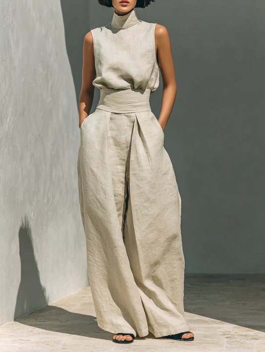 Aurora | Ensemble Co-Ord Beige Détendu Sans Manches à Pantalon Large