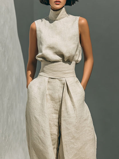 Aurora | Ensemble Co-Ord Beige Détendu Sans Manches à Pantalon Large