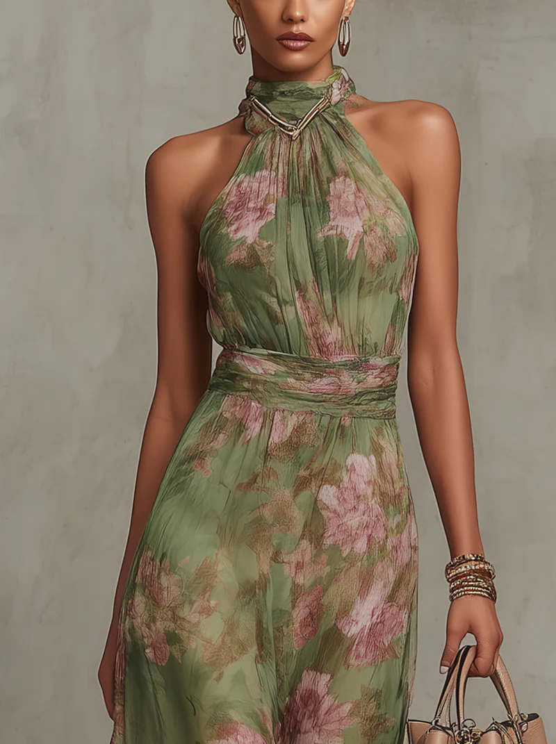 Florence | Robe Maxi Chiffon Floral Verte à Bretelles