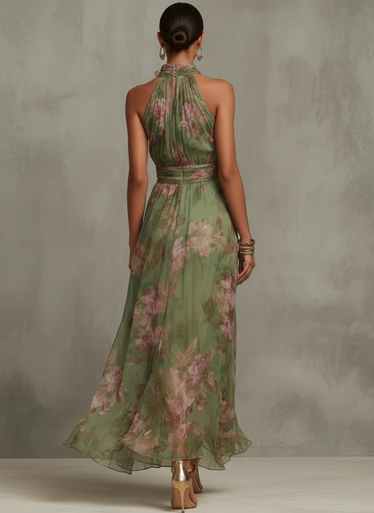 Florence | Robe Maxi Chiffon Floral Verte à Bretelles