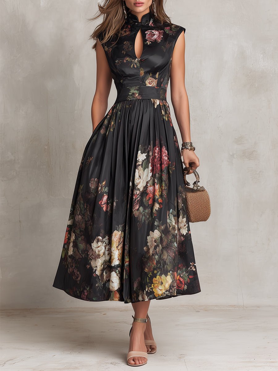 Patricia | Robe Midi Plissée Satin Noir à Fleurs