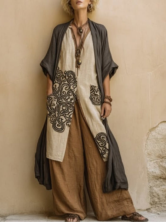 Giulia - Ensemble Bohémien Nomade en Trois Pièces en Gris Foncé et Marron avec Motif Tribal